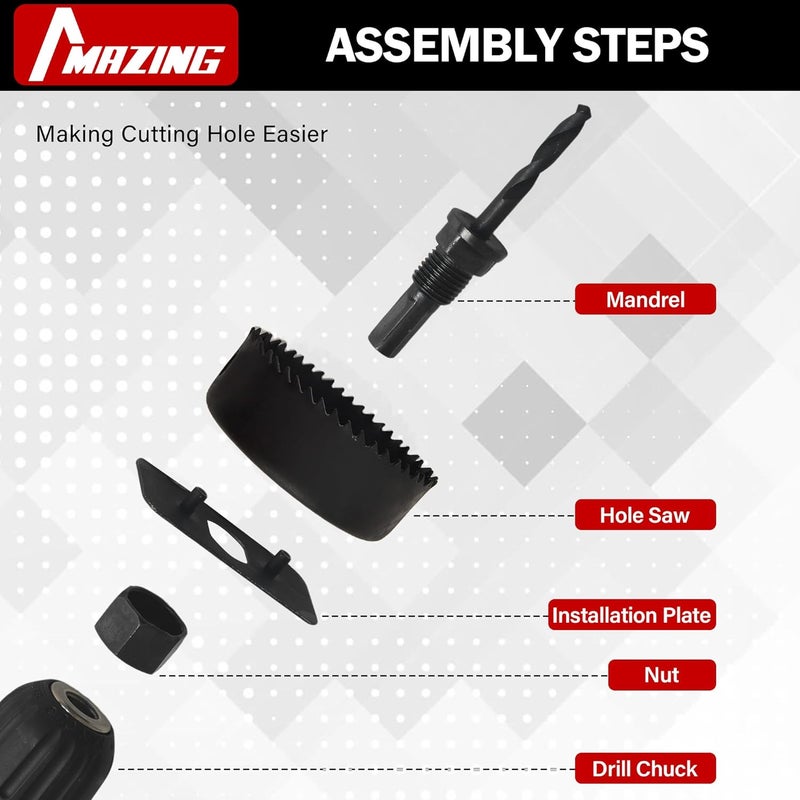 MAZING Hole Saw Set 19PCS Hole Saw Kit with 3/4" to 5" (19mm-127mm) Saw Blades, Mandrels, Installation Plate, Drill Bits, Hex Key and Case, Ideal for Drywall, Soft Wood, Plywood, Plastic, PVC Board - Image 4